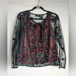 Virgo Petite Sheer Floral Mesh Layered Top w/ Red Camisole Romantic Y2K Blouse